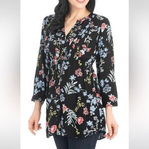 Hilary Radley Floral Drawstring Waist Tunic Top Flowy flowers black -L pleating